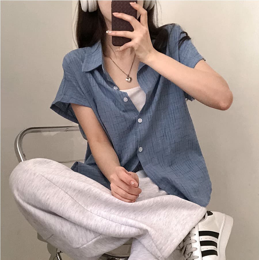 한국 여름 chic 루즈핏 탑 옷깃 볼륨 측면 가을 어깨 소매 반팔 체크무늬 여성 셔츠 상세 이미지 32