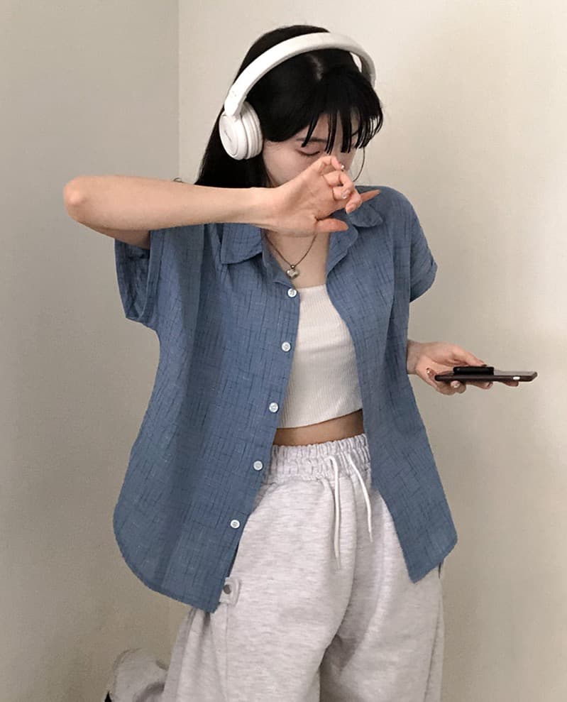 한국 여름 chic 루즈핏 탑 옷깃 볼륨 측면 가을 어깨 소매 반팔 체크무늬 여성 셔츠 상세 이미지 33