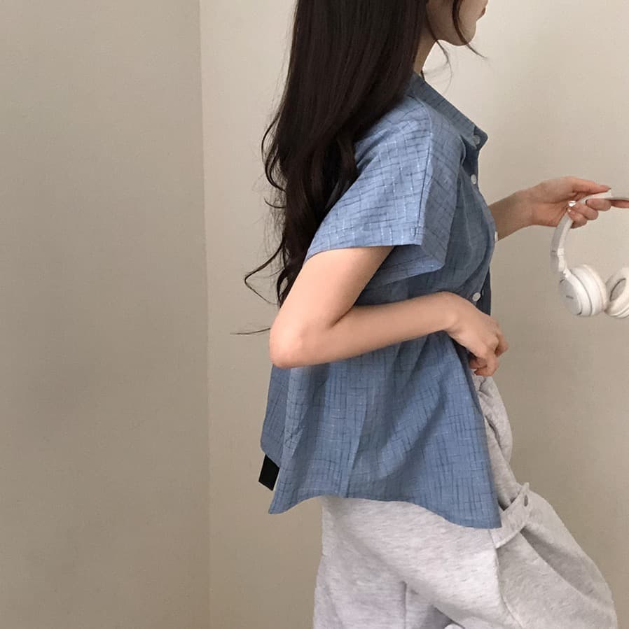 한국 여름 chic 루즈핏 탑 옷깃 볼륨 측면 가을 어깨 소매 반팔 체크무늬 여성 셔츠 상세 이미지 34