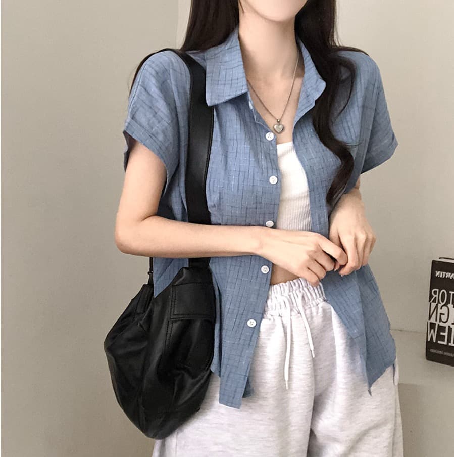 한국 여름 chic 루즈핏 탑 옷깃 볼륨 측면 가을 어깨 소매 반팔 체크무늬 여성 셔츠 상세 이미지 36