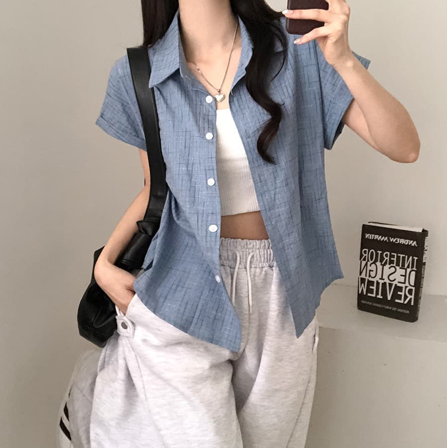 한국 여름 chic 루즈핏 탑 옷깃 볼륨 측면 가을 어깨 소매 반팔 체크무늬 여성 셔츠 상세 이미지 37