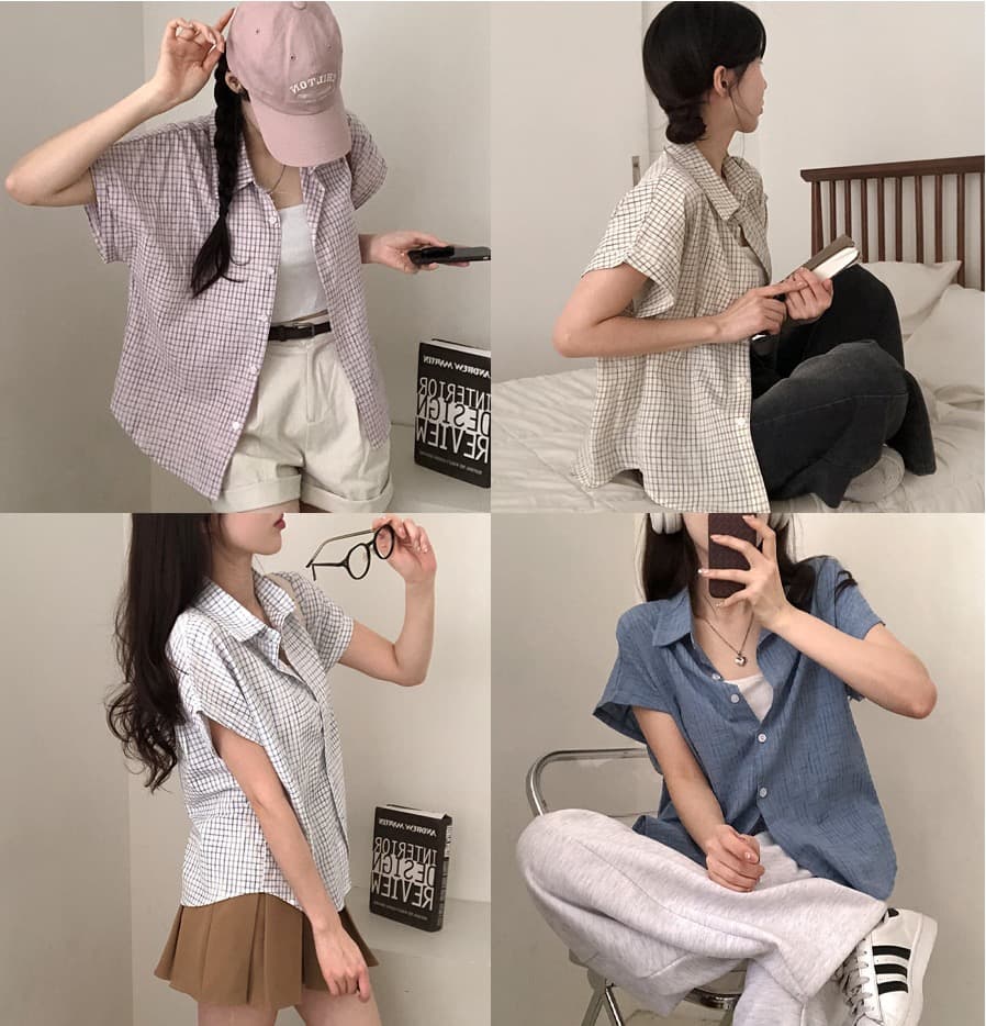 한국 여름 chic 루즈핏 탑 옷깃 볼륨 측면 가을 어깨 소매 반팔 체크무늬 여성 셔츠 상세 이미지 39
