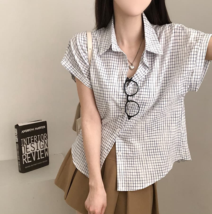한국 여름 chic 루즈핏 탑 옷깃 볼륨 측면 가을 어깨 소매 반팔 체크무늬 여성 셔츠 상세 이미지 41