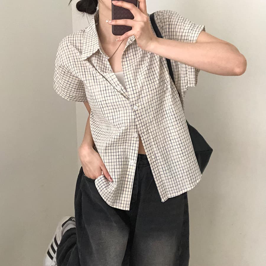 한국 여름 chic 루즈핏 탑 옷깃 볼륨 측면 가을 어깨 소매 반팔 체크무늬 여성 셔츠 상세 이미지 42
