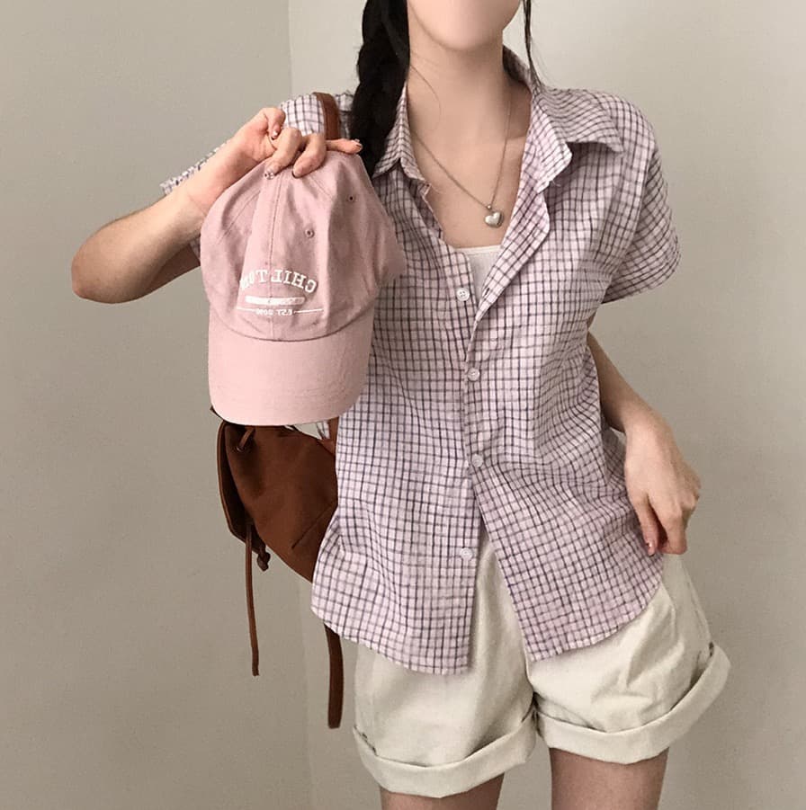 한국 여름 chic 루즈핏 탑 옷깃 볼륨 측면 가을 어깨 소매 반팔 체크무늬 여성 셔츠 상세 이미지 44