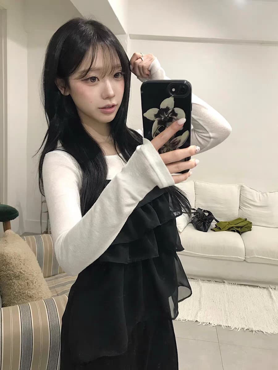 재고 있음 한국 ins 작은 대중 계단식 주름 레이스 쉬폰 달콤함 캐미솔 상세 이미지 2