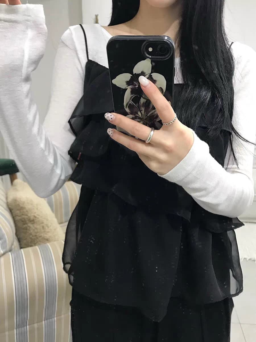 재고 있음 한국 ins 작은 대중 계단식 주름 레이스 쉬폰 달콤함 캐미솔 상세 이미지 3
