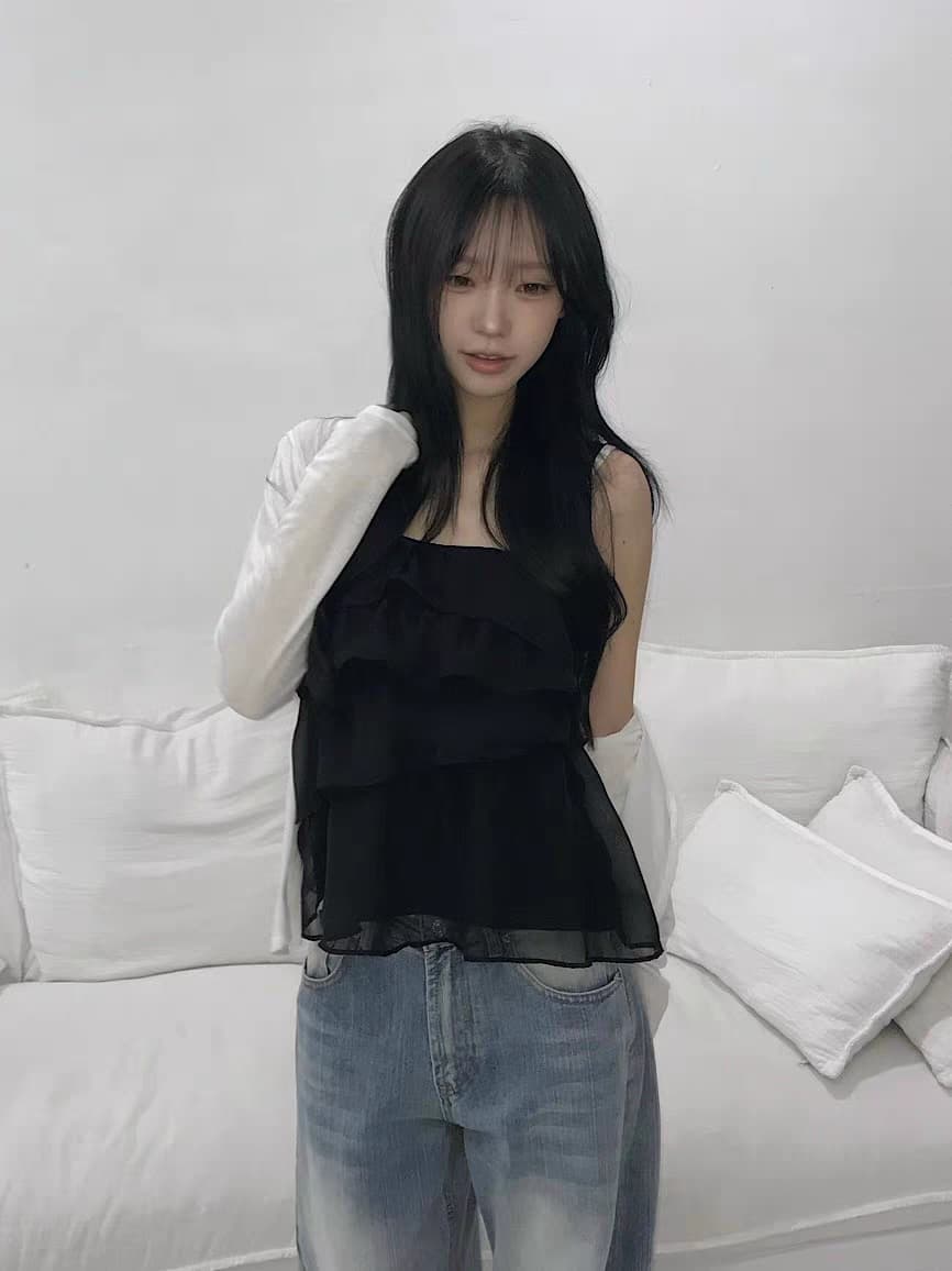 재고 있음 한국 ins 작은 대중 계단식 주름 레이스 쉬폰 달콤함 캐미솔 상세 이미지 4