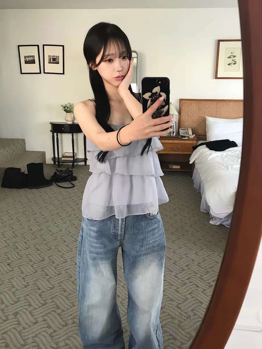 재고 있음 한국 ins 작은 대중 계단식 주름 레이스 쉬폰 달콤함 캐미솔 상세 이미지 11