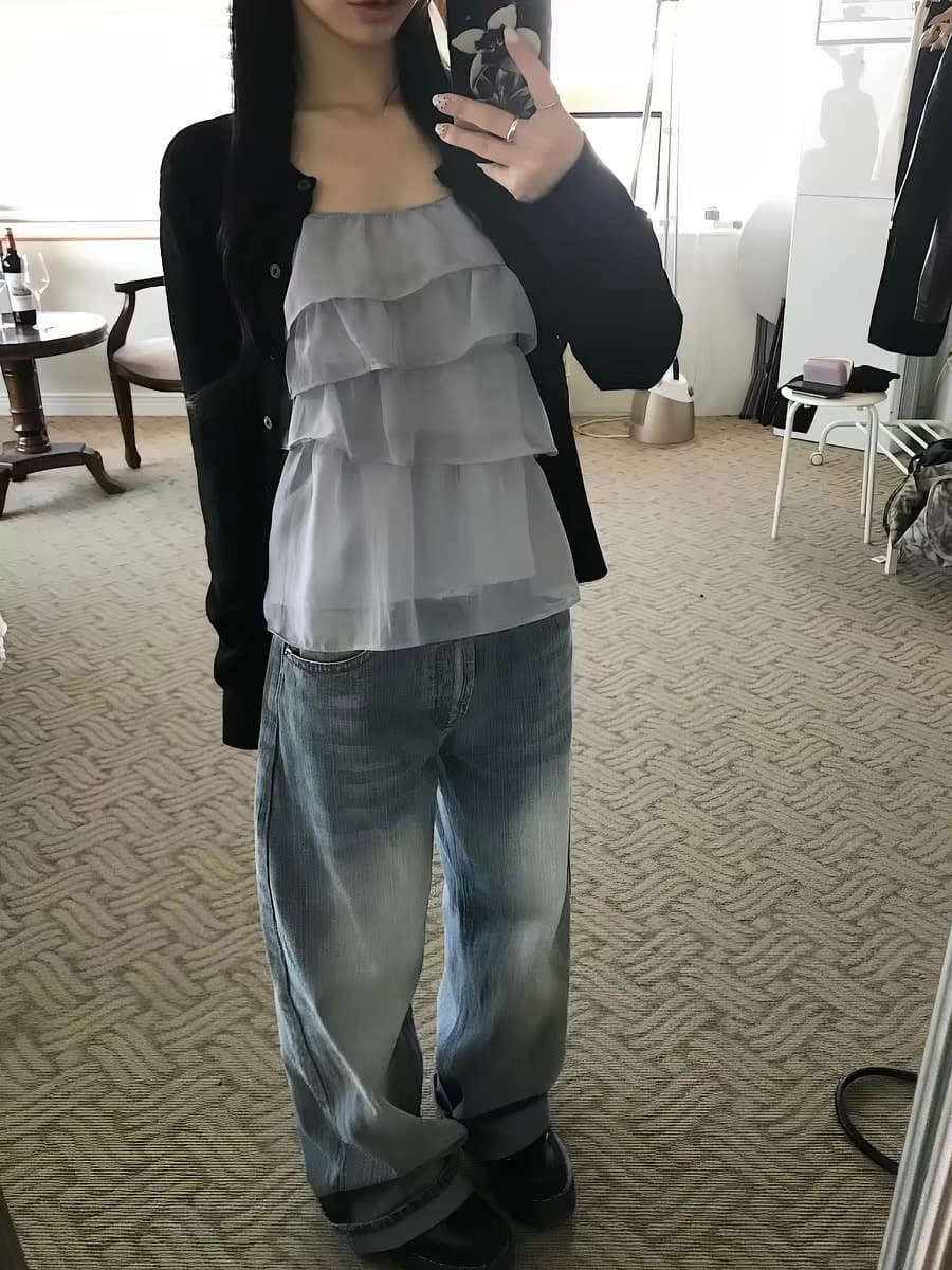 재고 있음 한국 ins 작은 대중 계단식 주름 레이스 쉬폰 달콤함 캐미솔 상세 이미지 17