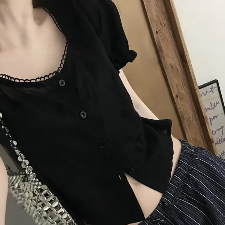 재고 있음 chic 새로운 ins 자수 자카드 광장 칼라 달콤함 반팔 셔츠 이미지 4