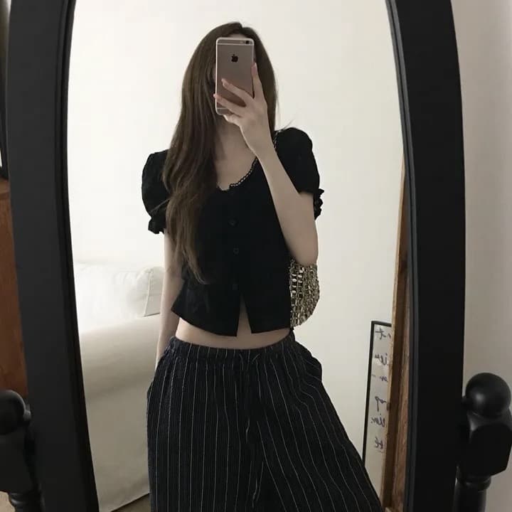 재고 있음 chic 새로운 ins 자수 자카드 광장 칼라 달콤함 반팔 셔츠 이미지 3