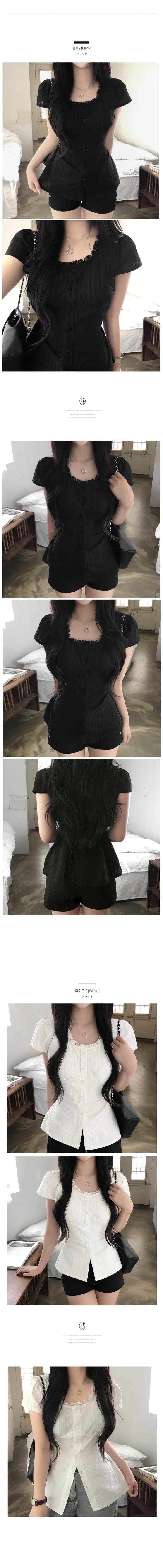 재고 있음 chic 패션 레이스 패치워크 허리 수축 레이스업 작은 셔츠 상세 이미지 1