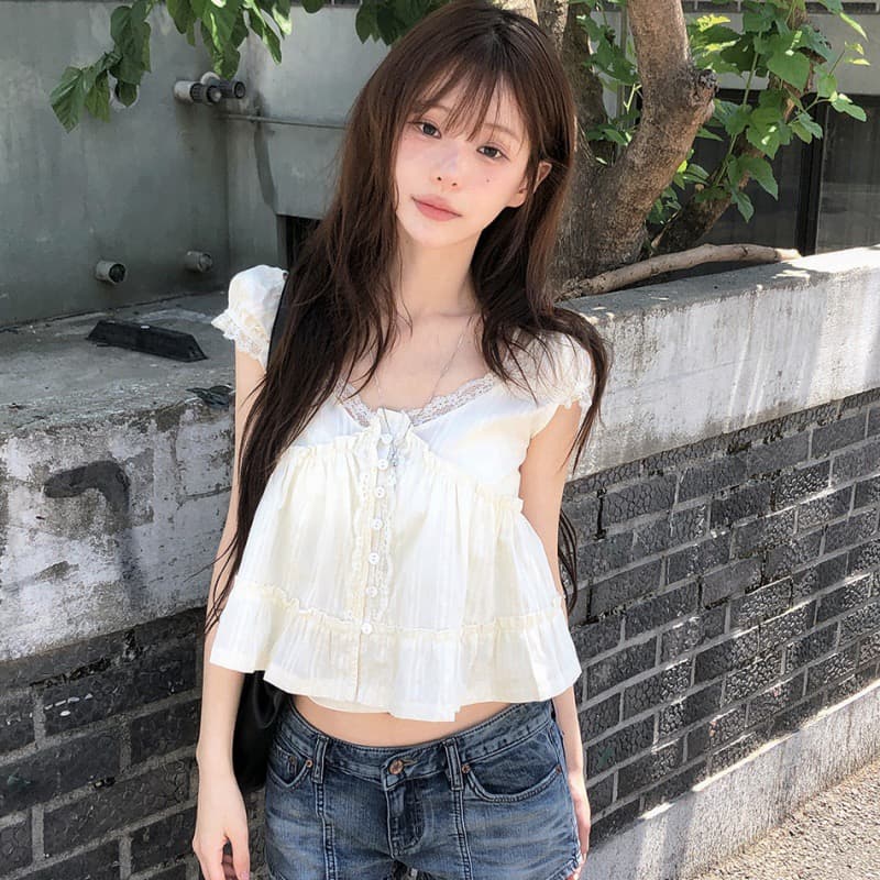 한 부서 달콤함 연령 감소 순수한 욕망 레이스 V넥 목이버섯 프릴 밑단 셔츠 이미지 3