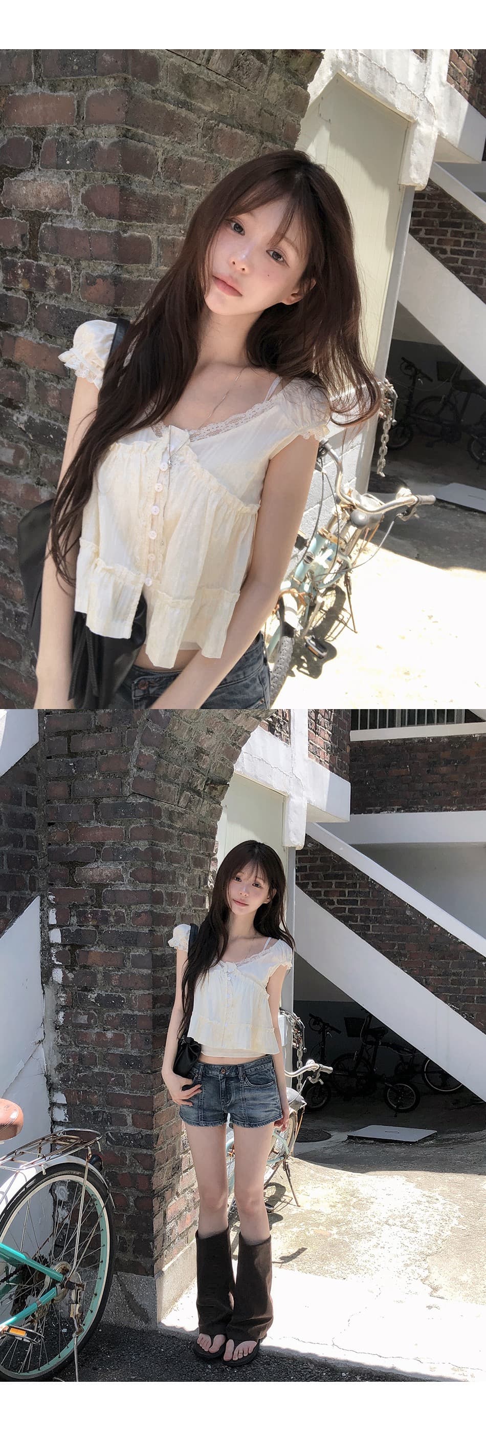 한 부서 달콤함 연령 감소 순수한 욕망 레이스 V넥 목이버섯 프릴 밑단 셔츠 상세 이미지 2