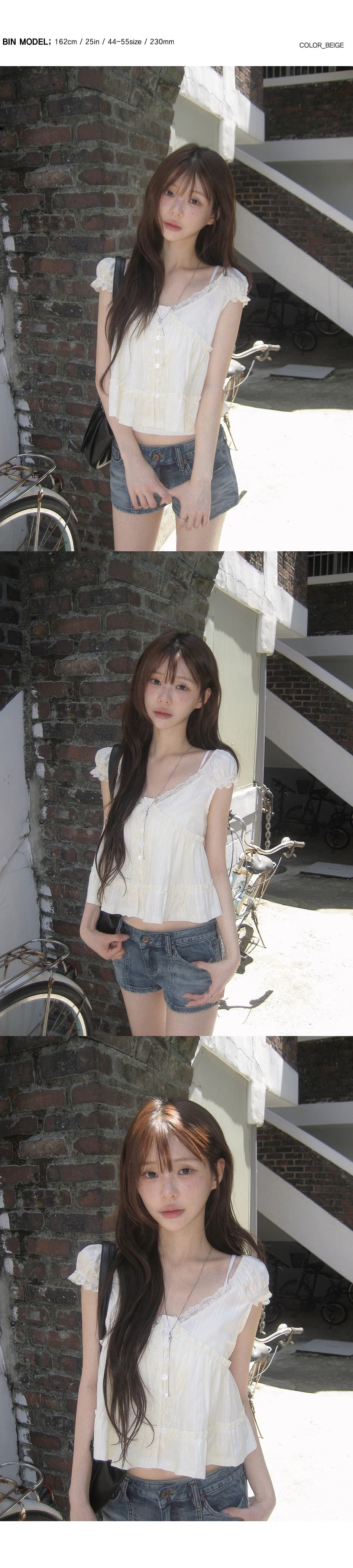 한 부서 달콤함 연령 감소 순수한 욕망 레이스 V넥 목이버섯 프릴 밑단 셔츠 상세 이미지 5