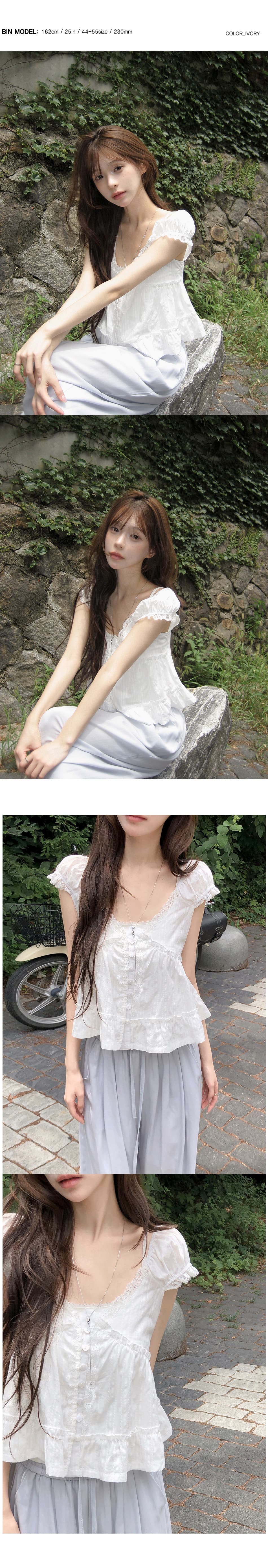 한 부서 달콤함 연령 감소 순수한 욕망 레이스 V넥 목이버섯 프릴 밑단 셔츠 상세 이미지 10