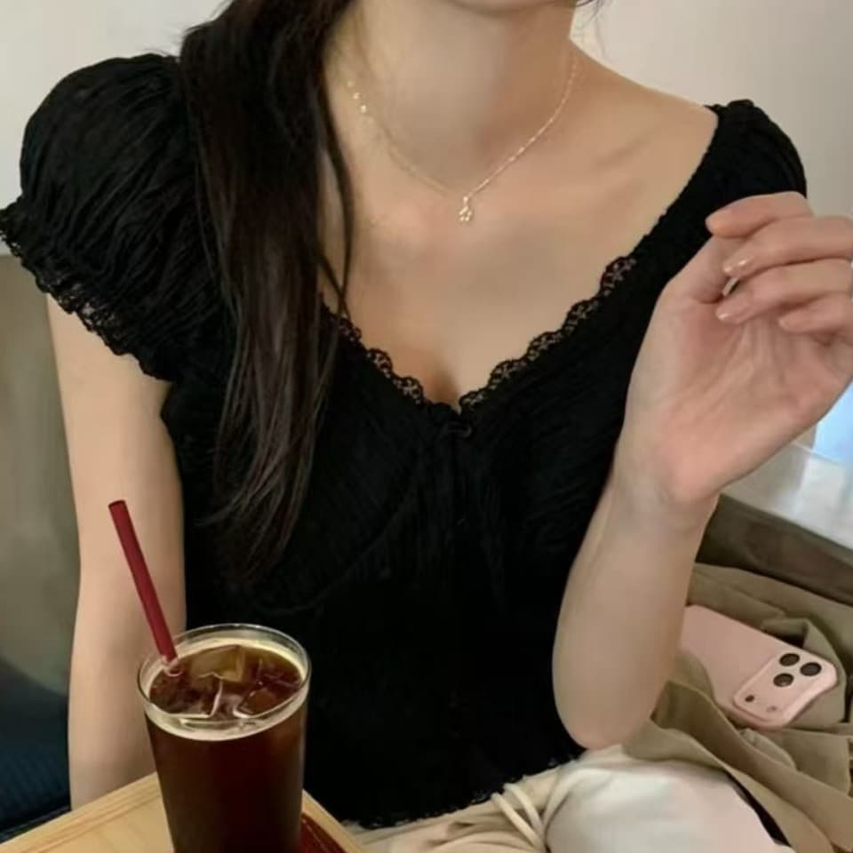 재고 있음 한국 chic 미니멀리즘 레트로 레이스 조각 체크무늬 작은 셔츠 상세 이미지 4
