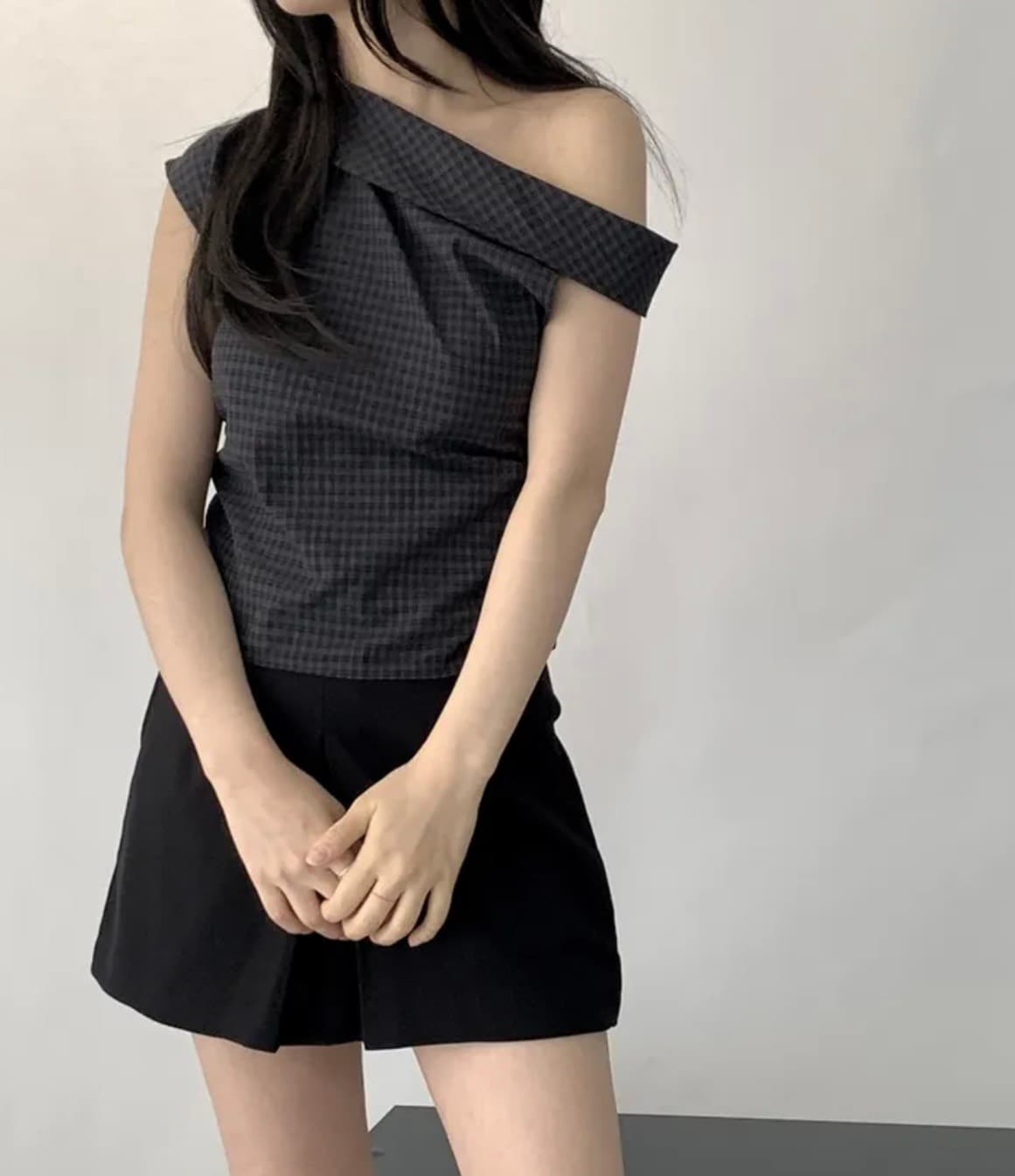 한국 스타일 chic 여름 비스듬한 칼라 오프숄더 격자 무늬 셔츠 디자인 센스 작은 대중 주름 허리 수축 오프숄더 쇼트 스타일 맨위 상세 이미지 8