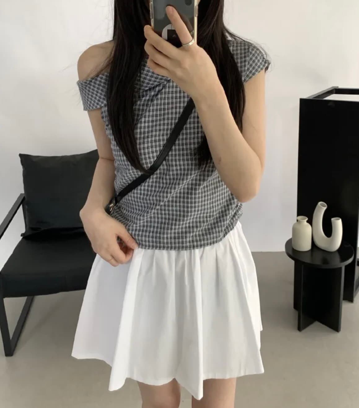 한국 스타일 chic 여름 비스듬한 칼라 오프숄더 격자 무늬 셔츠 디자인 센스 작은 대중 주름 허리 수축 오프숄더 쇼트 스타일 맨위 상세 이미지 9