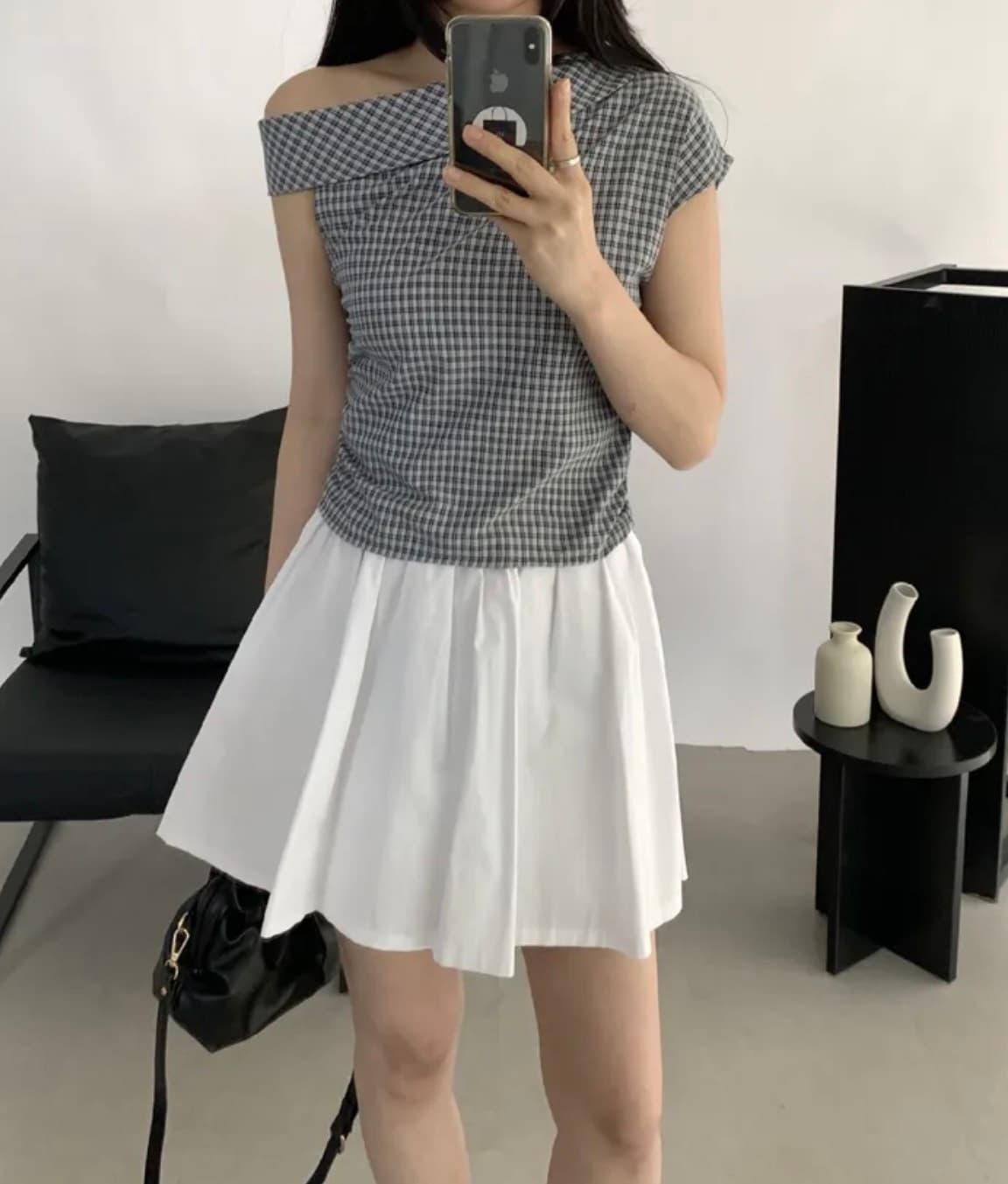 한국 스타일 chic 여름 비스듬한 칼라 오프숄더 격자 무늬 셔츠 디자인 센스 작은 대중 주름 허리 수축 오프숄더 쇼트 스타일 맨위 상세 이미지 10