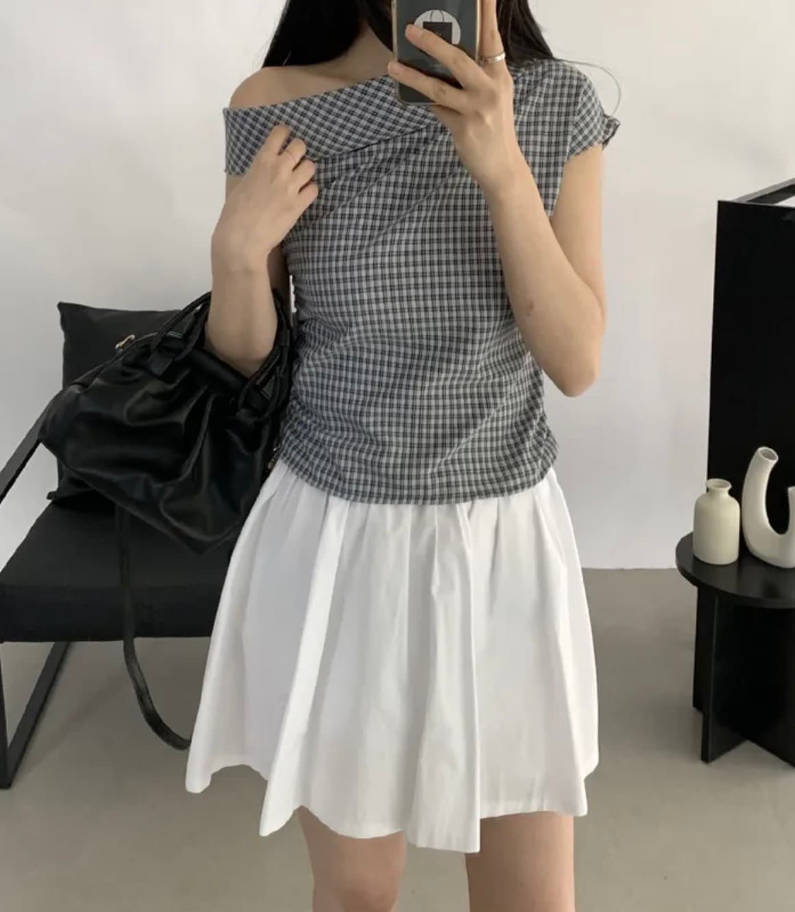 한국 스타일 chic 여름 비스듬한 칼라 오프숄더 격자 무늬 셔츠 디자인 센스 작은 대중 주름 허리 수축 오프숄더 쇼트 스타일 맨위 상세 이미지 12