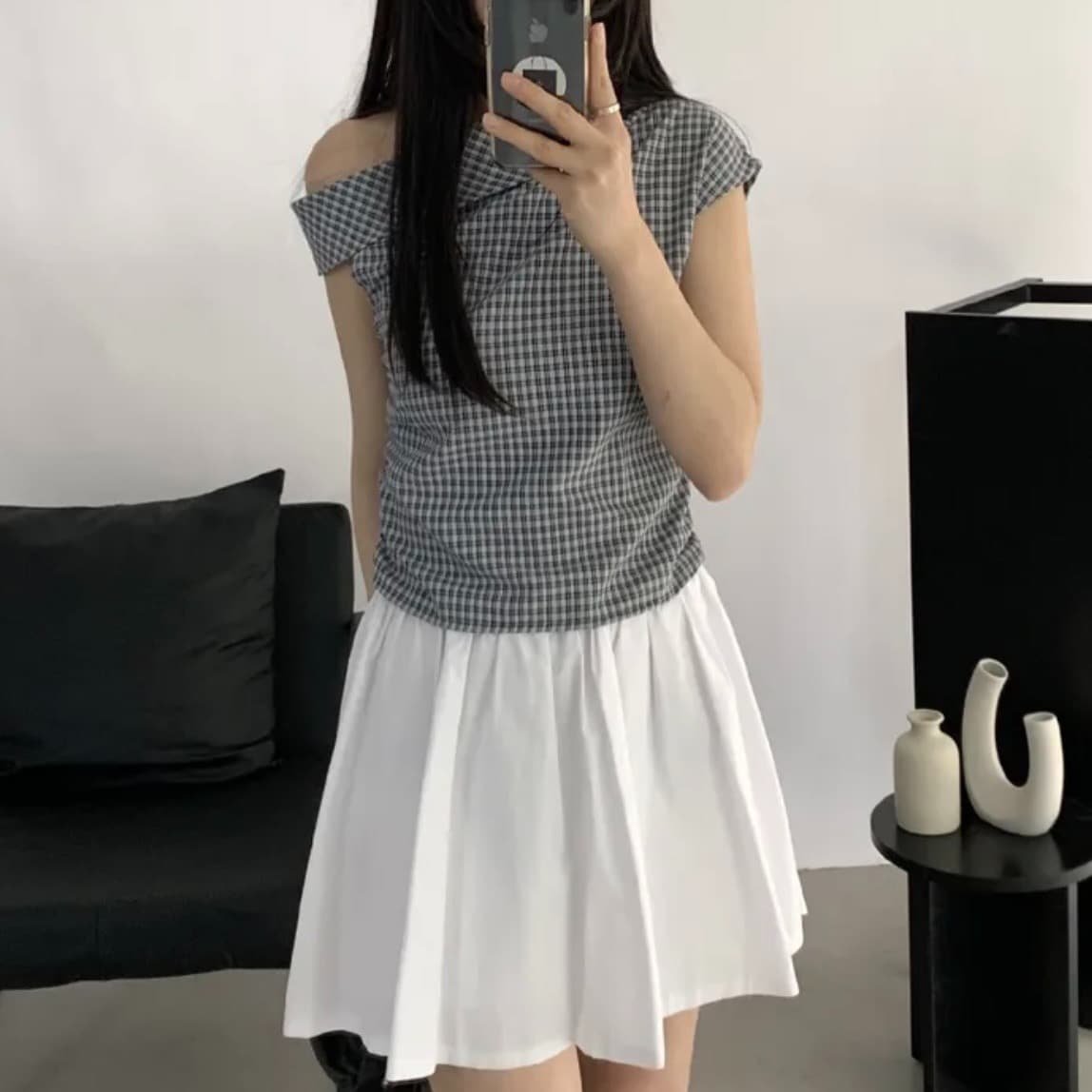 한국 스타일 chic 여름 비스듬한 칼라 오프숄더 격자 무늬 셔츠 디자인 센스 작은 대중 주름 허리 수축 오프숄더 쇼트 스타일 맨위 상세 이미지 16