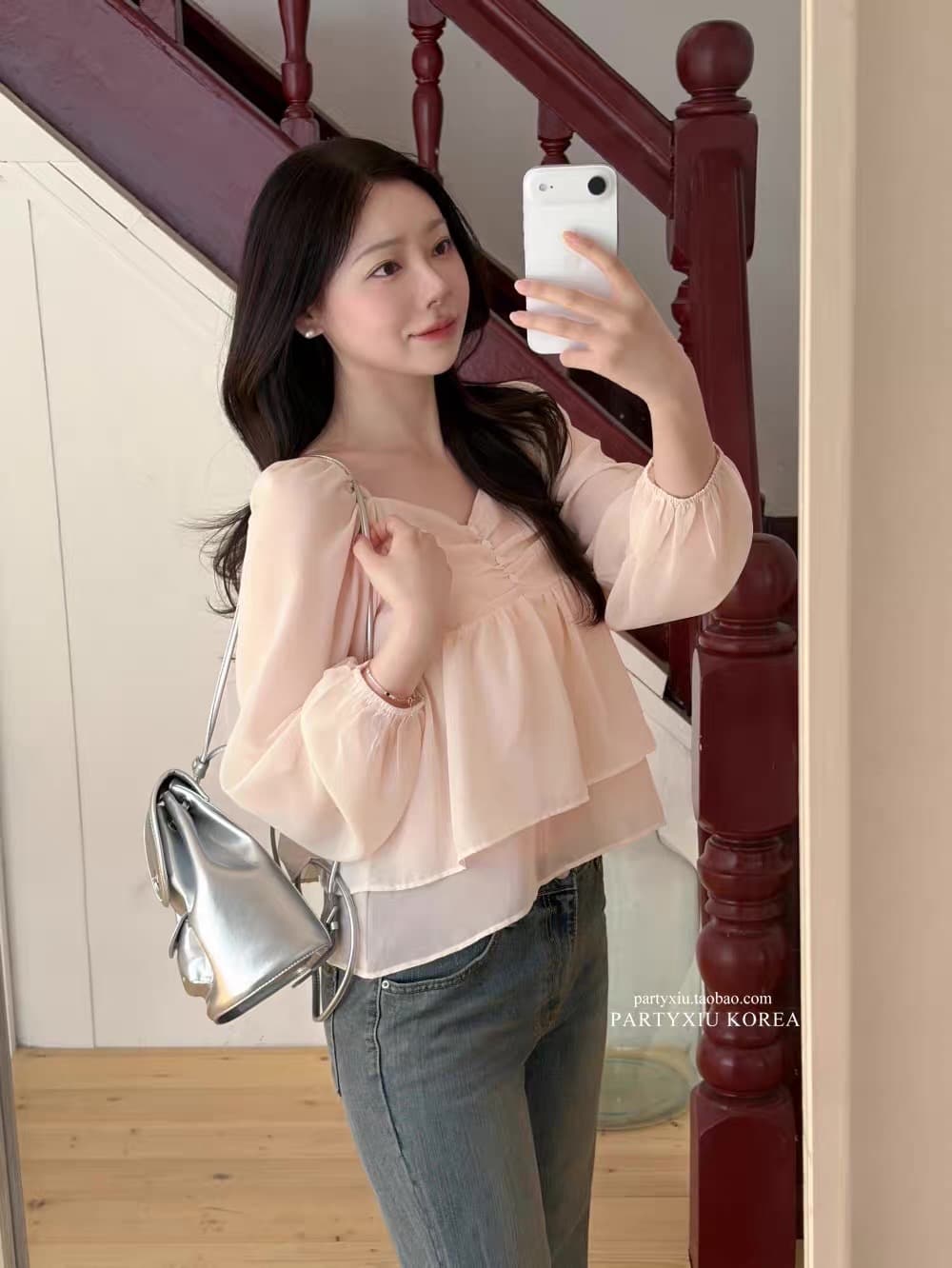 재고 있음 부드러운 달콤함 부드러운 분말 심장 칼라 이중층 쉬폰 긴팔 셔츠
