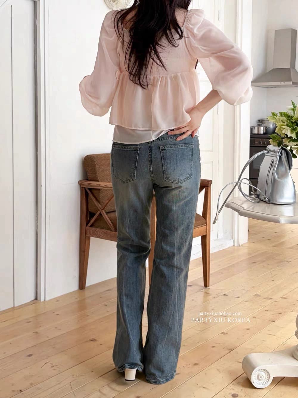 재고 있음 부드러운 달콤함 부드러운 분말 심장 칼라 이중층 쉬폰 긴팔 셔츠 상세 이미지 4