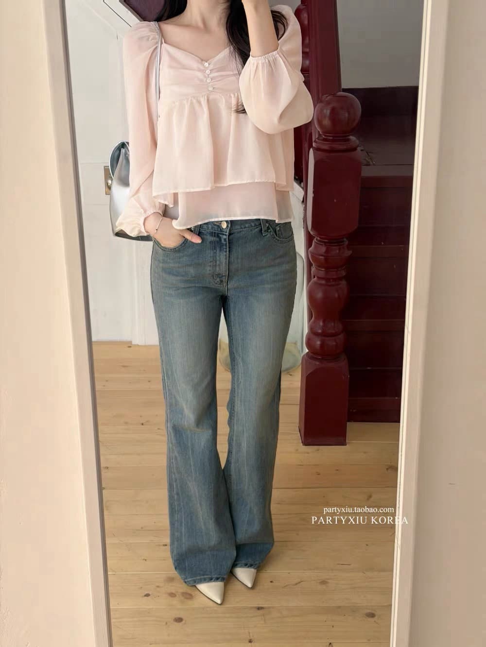 재고 있음 부드러운 달콤함 부드러운 분말 심장 칼라 이중층 쉬폰 긴팔 셔츠 상세 이미지 6