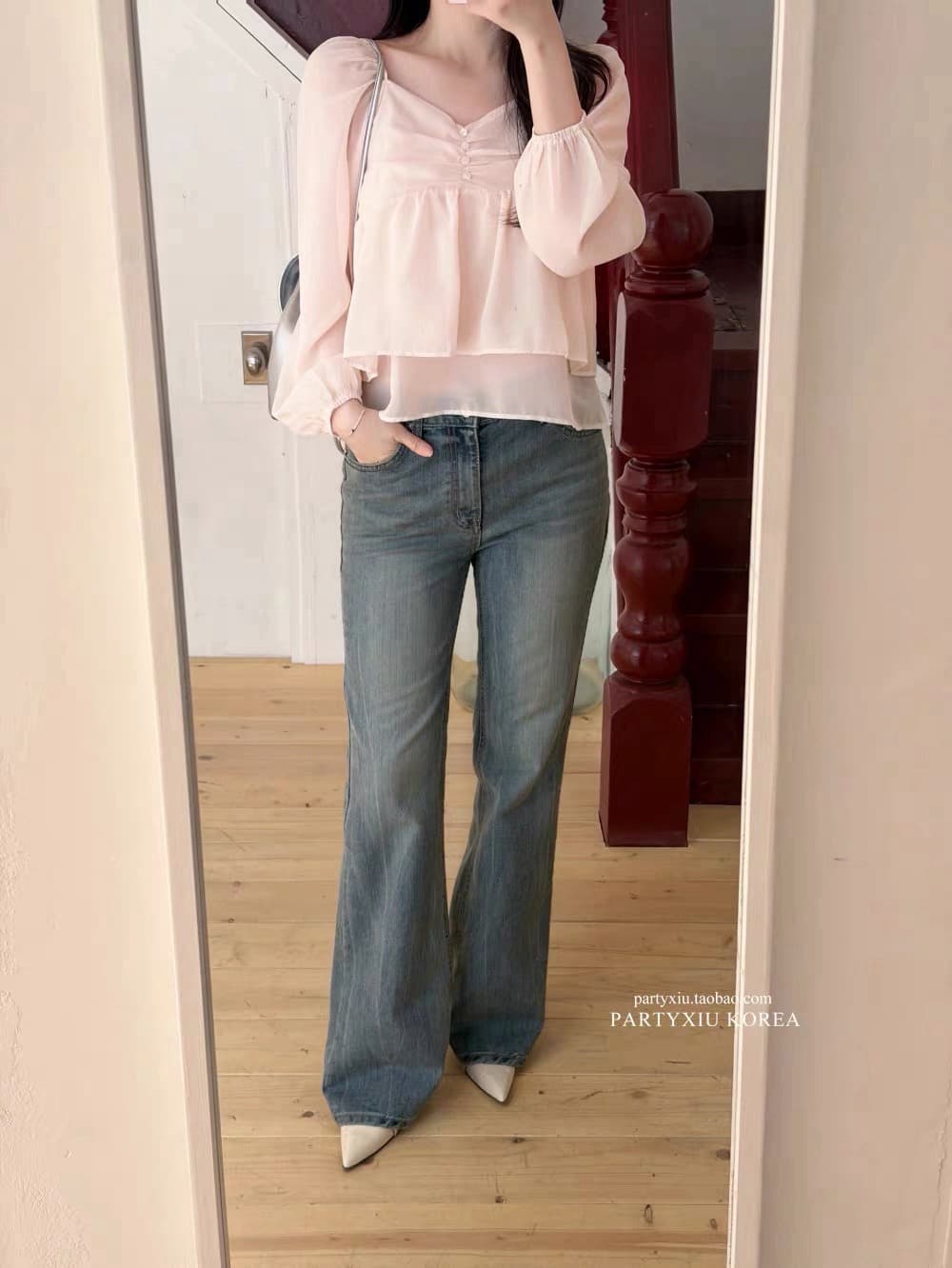 재고 있음 부드러운 달콤함 부드러운 분말 심장 칼라 이중층 쉬폰 긴팔 셔츠 상세 이미지 7