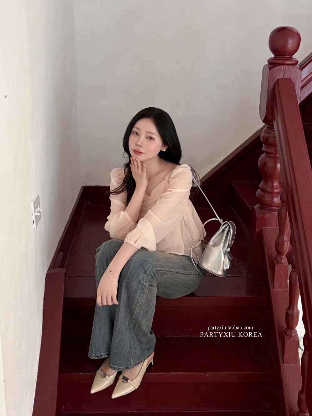 재고 있음 부드러운 달콤함 부드러운 분말 심장 칼라 이중층 쉬폰 긴팔 셔츠 상세 이미지 9