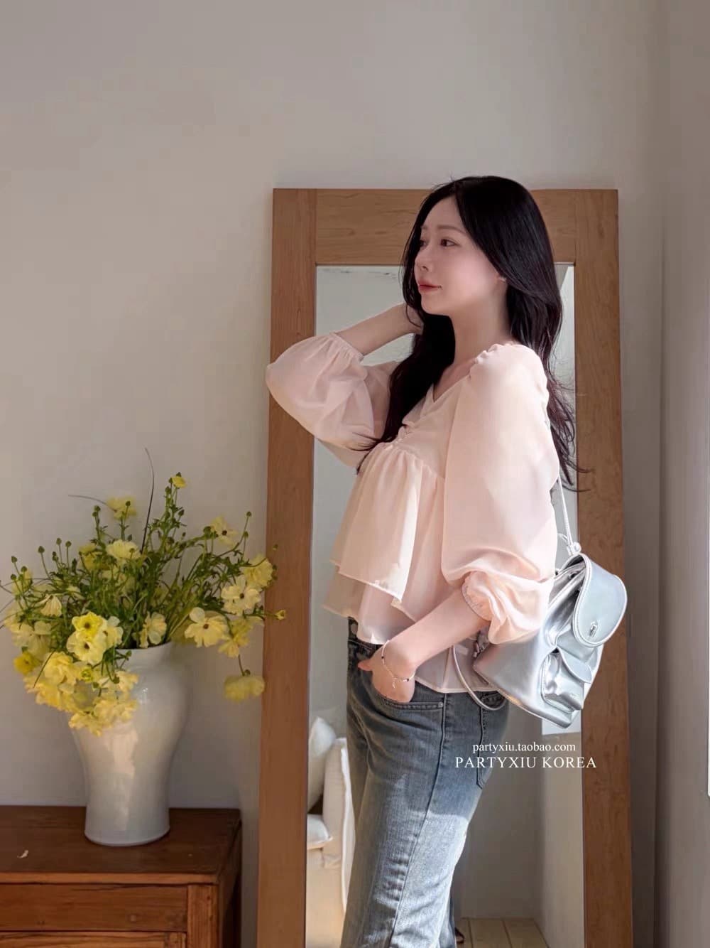 재고 있음 부드러운 달콤함 부드러운 분말 심장 칼라 이중층 쉬폰 긴팔 셔츠 상세 이미지 10
