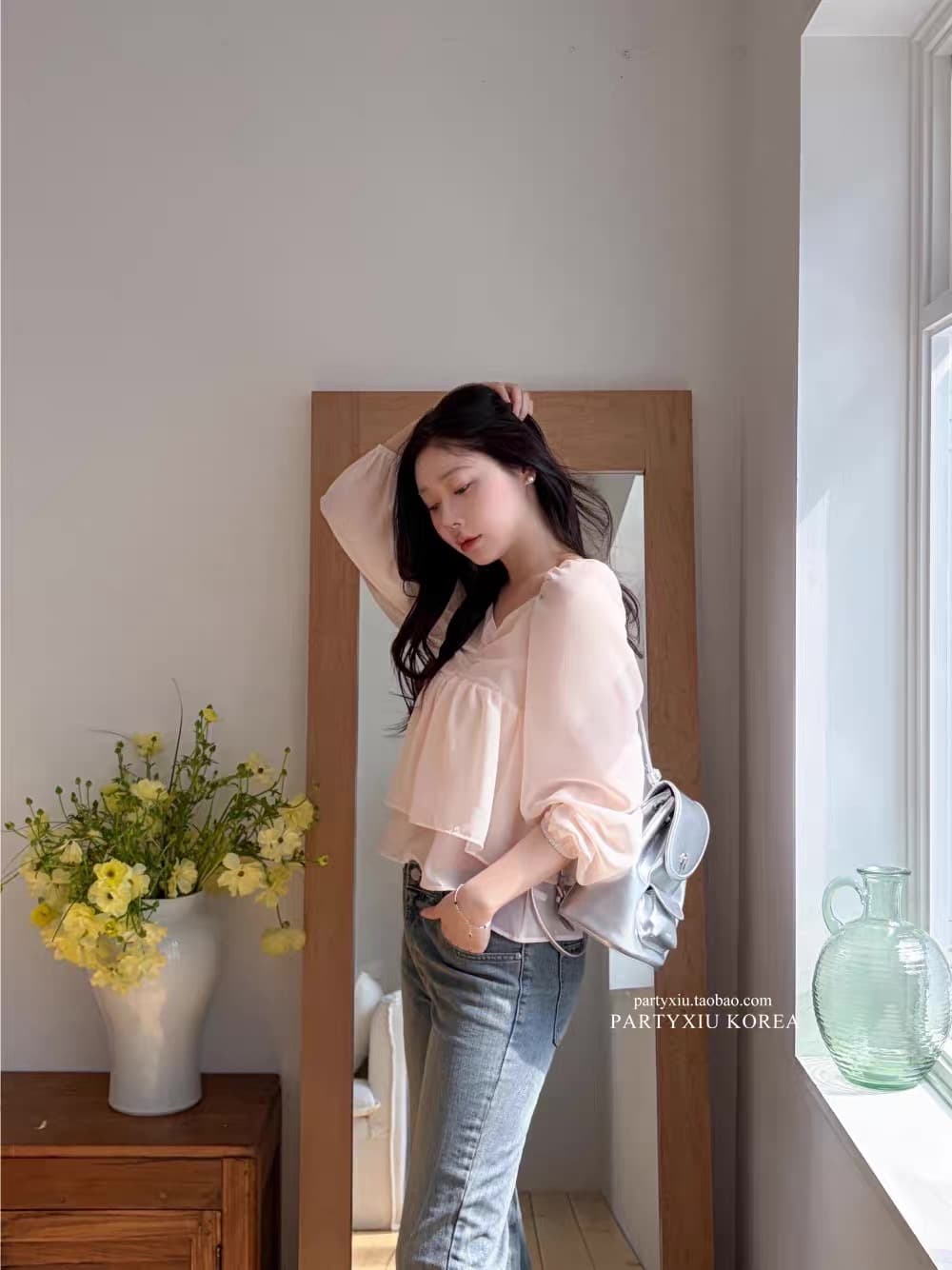 재고 있음 부드러운 달콤함 부드러운 분말 심장 칼라 이중층 쉬폰 긴팔 셔츠 상세 이미지 11