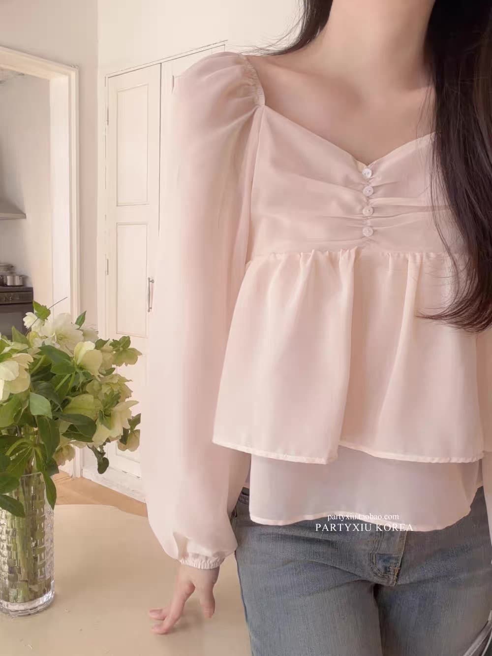 재고 있음 부드러운 달콤함 부드러운 분말 심장 칼라 이중층 쉬폰 긴팔 셔츠 상세 이미지 12