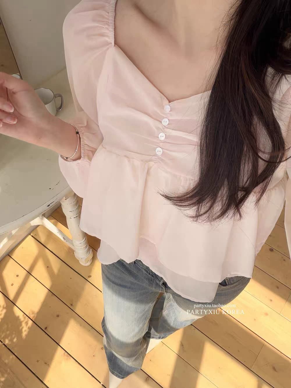 재고 있음 부드러운 달콤함 부드러운 분말 심장 칼라 이중층 쉬폰 긴팔 셔츠 상세 이미지 13