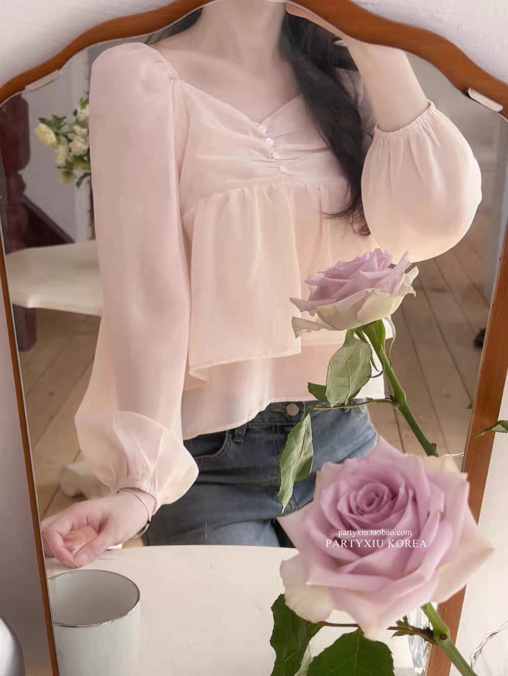 재고 있음 부드러운 달콤함 부드러운 분말 심장 칼라 이중층 쉬폰 긴팔 셔츠 상세 이미지 14