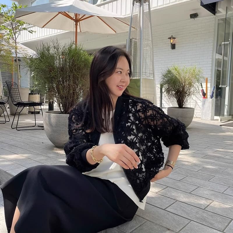한국 동대문 25 봄 여름 프랑스식 작은 샤넬 스타일 무거운 작업 홀로우 아웃 레이스 망사 얇은 스타일 오픈 가디건 짧은 외투