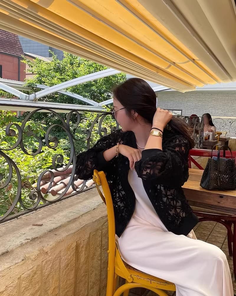 한국 동대문 25 봄 여름 프랑스식 작은 샤넬 스타일 무거운 작업 홀로우 아웃 레이스 망사 얇은 스타일 오픈 가디건 짧은 외투 상세 이미지 5