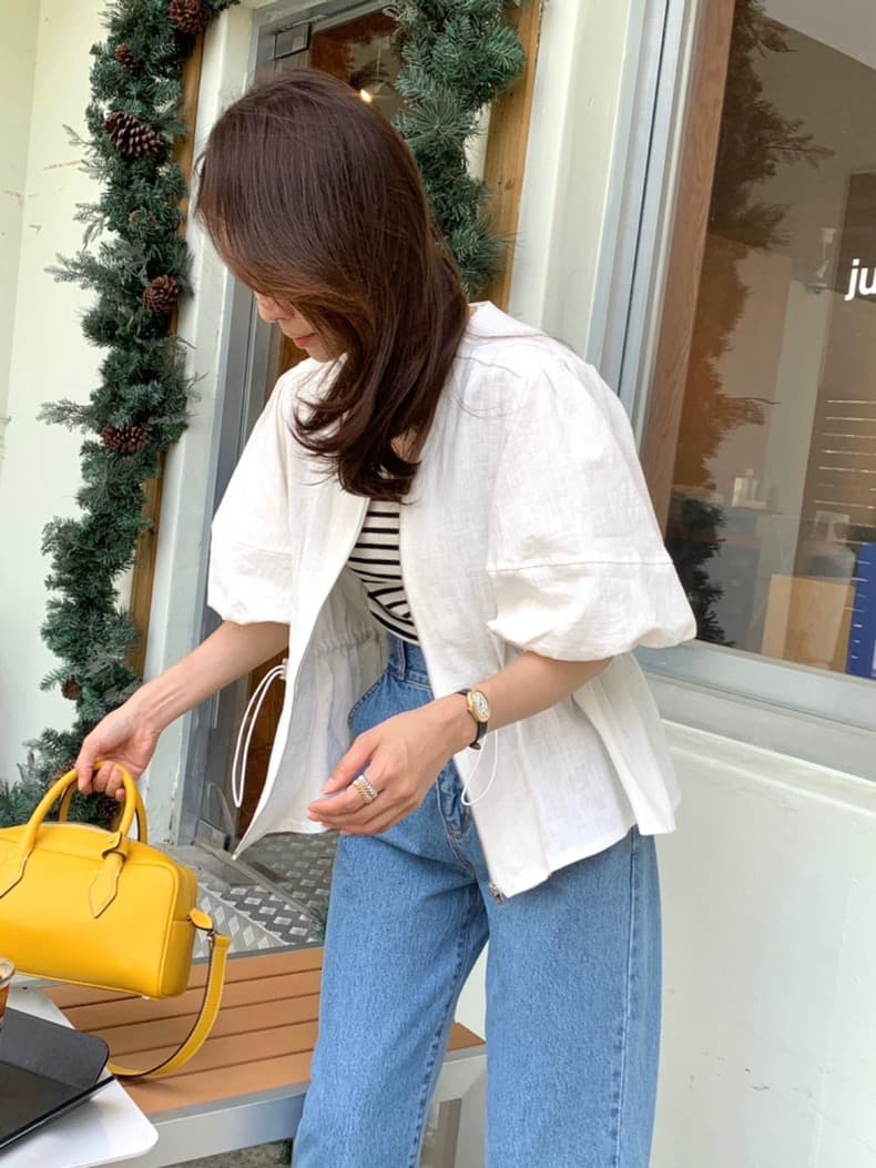 새로운 미니멀리즘 단색 문예 거품 소매 장난기 넘치는 작은 셔츠 V넥 허리 수축 레이스업 셔츠 상세 이미지 12