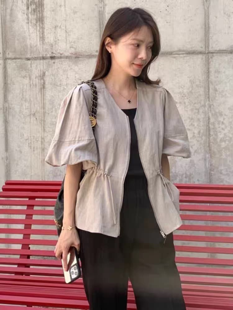 새로운 미니멀리즘 단색 문예 거품 소매 장난기 넘치는 작은 셔츠 V넥 허리 수축 레이스업 셔츠 상세 이미지 22