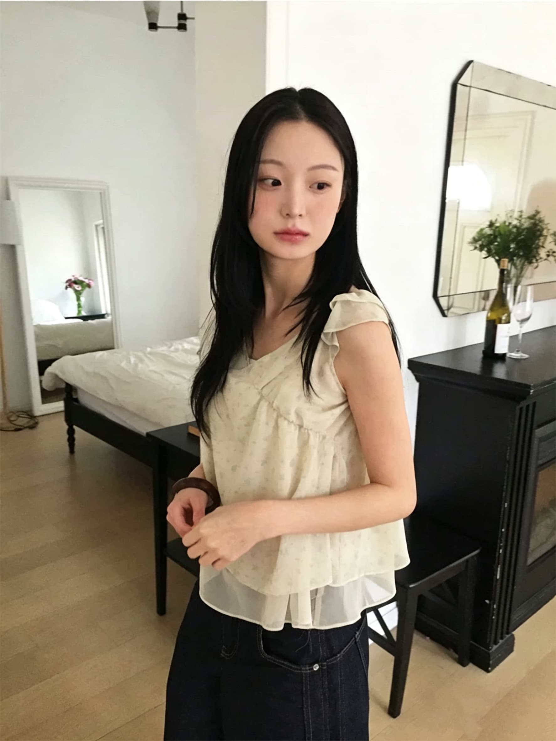 재고 있음 chic 동대문 부드러운 바람 꽃무늬 프릴 작은 날다 소매 쉬폰 셔츠 상세 이미지 11