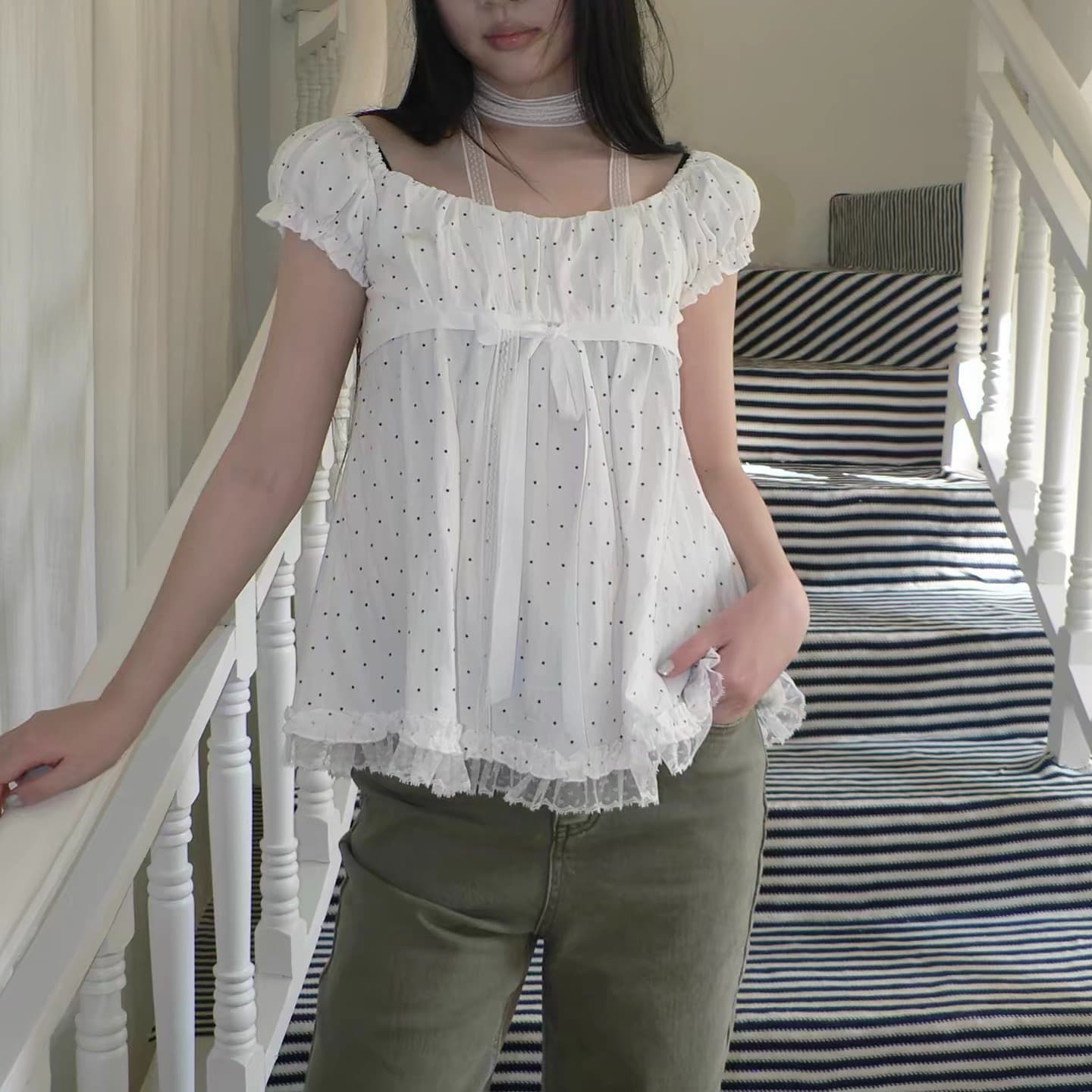 도트 무늬 오프숄더 레이스 반팔 티셔츠 여성 여름 루즈핏 슬림해 보이는 한 부서 슈퍼 잘 생긴 아름다운 맨위 상세 이미지 10