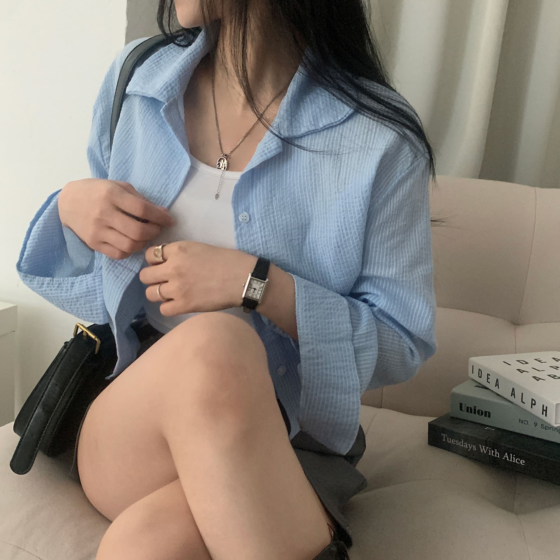 재고 있음 한국 chic 여름 품격 미니멀리즘 스트라이프 긴팔 국방 상세 이미지 6