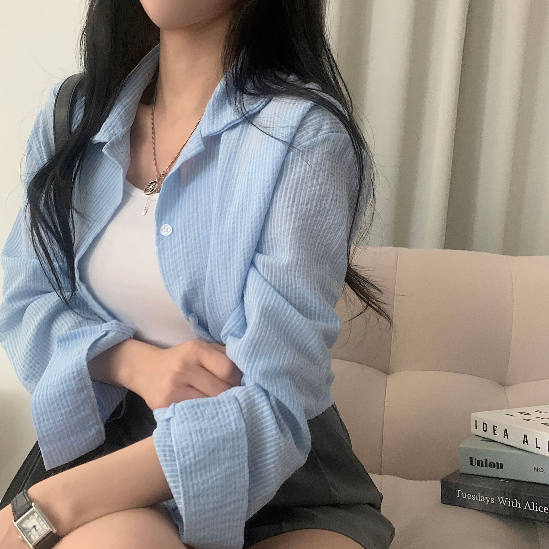 재고 있음 한국 chic 여름 품격 미니멀리즘 스트라이프 긴팔 국방 상세 이미지 7