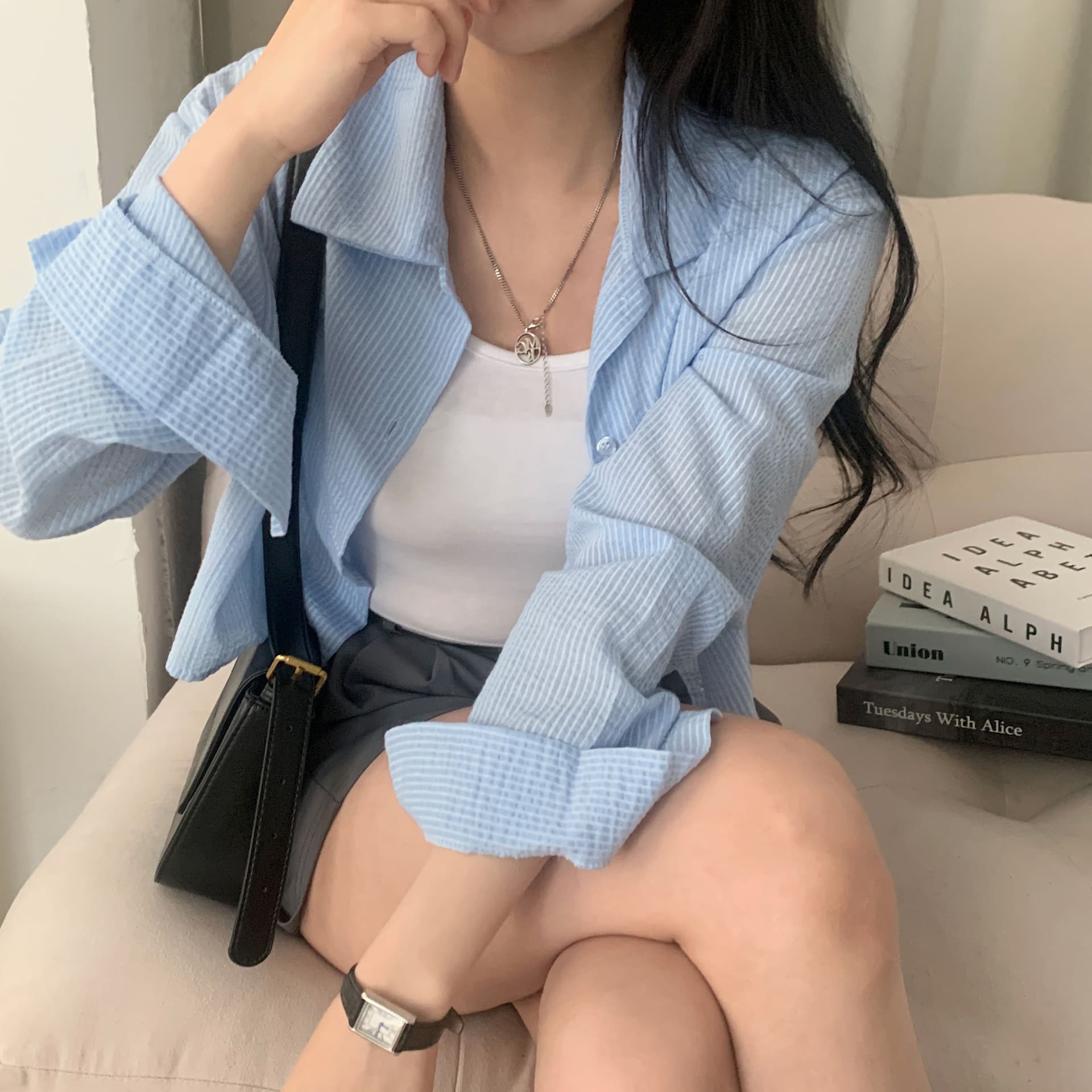 재고 있음 한국 chic 여름 품격 미니멀리즘 스트라이프 긴팔 국방 상세 이미지 14