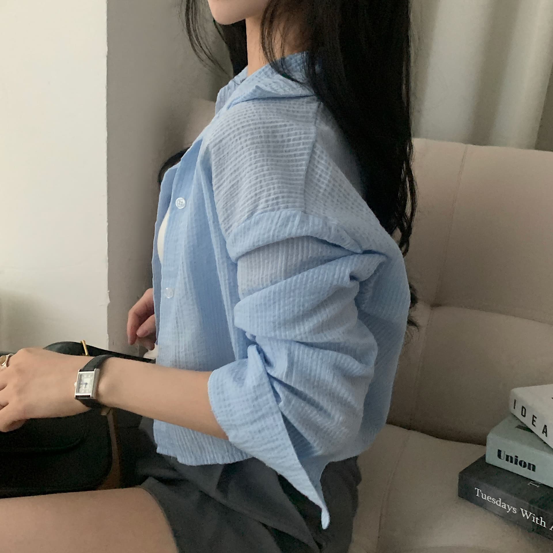 재고 있음 한국 chic 여름 품격 미니멀리즘 스트라이프 긴팔 국방 상세 이미지 15