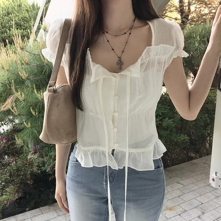 chic 한 부서 여름 프랑스식 달콤함 연령 감소 부드러운 프릴 주름 장식 허리 수축 반팔 쉬폰 셔츠 맨위 이미지 3