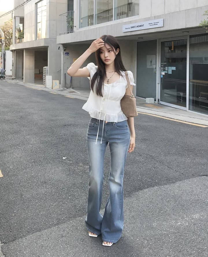 chic 한 부서 여름 프랑스식 달콤함 연령 감소 부드러운 프릴 주름 장식 허리 수축 반팔 쉬폰 셔츠 맨위 상세 이미지 12