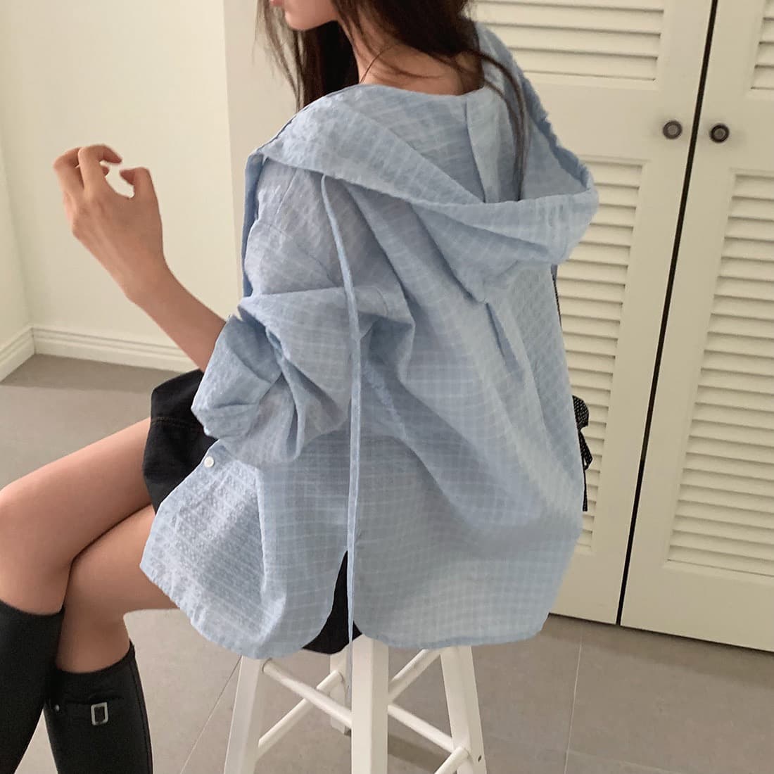 한국 chic 이른 가을 새로운 얇은 스타일 자외선 차단 학원 레트로 체크무늬 느슨함 센스 후드 셔츠